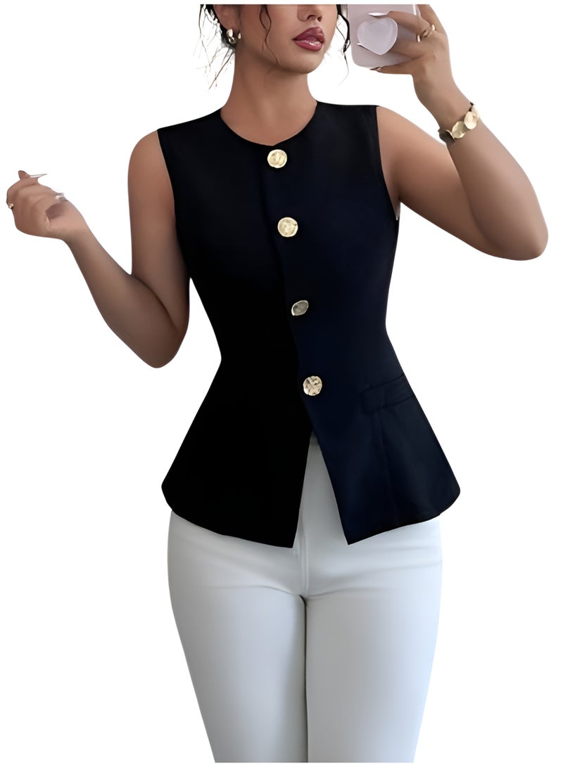 Selina Wear Women’s Black Sleeveless Blazer Vest Top with Gold Button Front, (Size-M). Crew Neck Office Suit, Elegant Fitted Button-Up Design, Dressy Wear Vest for Casual, Party and Formal Looks. - Image 1